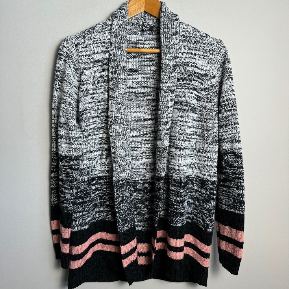 Poof Women's Black + White Open Front Long Sleeve Cardigan Sweater Size Large